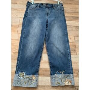 LIVERPOOL UPCYCLED EMBROIDERED CUFF CROP STRAIGHT HI RISE MED WASH JEANS 12/31